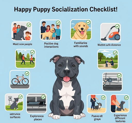 An infographic-style image of a happy Blue Staffy puppy surrounded by icons of a person, another dog, and a park, representing a socialisation checklist.
