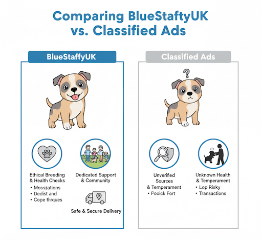 Why premium Blue Staffy breeders offer better value than affordable alternatives. A visual comparison illustrating the difference between affordable vs premium Blue Staffy breeders, highlighting health testing versus uncertain origins.