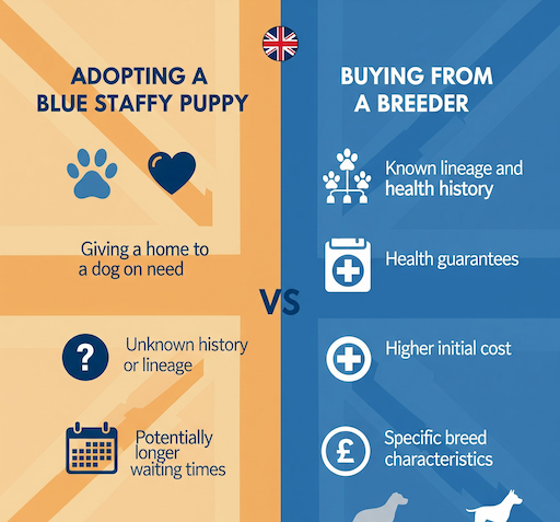 An infographic comparing puppy adoption with buying from a breeder, showing pros like emotional reward and cons like unknown history for adoption, versus known health and higher cost for buying.