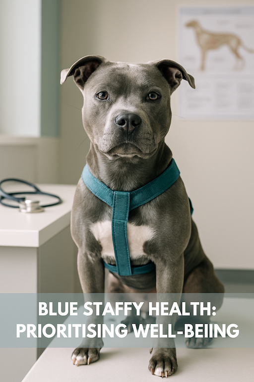 Blue Staffy dog sitting in a clean, peaceful home environment representing health and care.