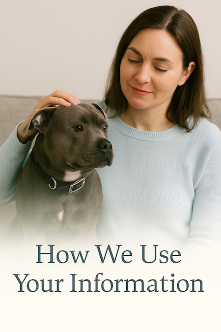 Blue Staffy owner discussing privacy policy with a staff member, with text “How We Use Your Information” clearly visible.