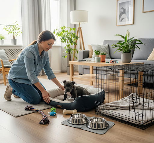 A person kneeling in a clean living room, arranging a new dog bed next to a crate, with food bowls and puppy toys nearby.