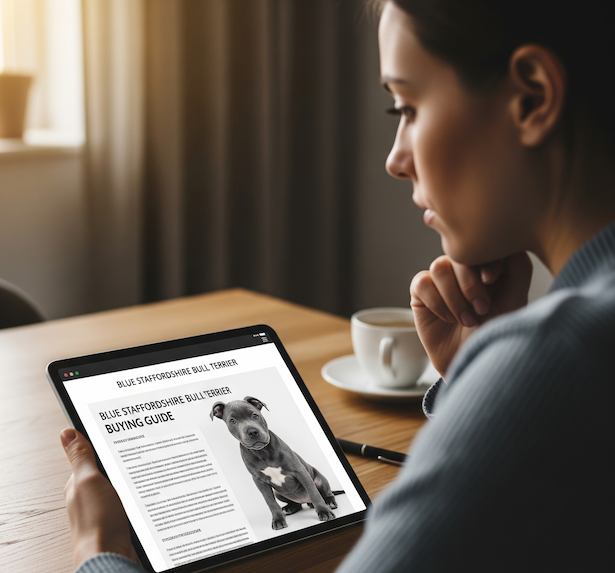 A person viewing a "Blue Staffordshire Bull Terrier Buying Guide" webpage on a tablet with a cup of coffee nearby, representing the research phase of getting a new puppy.