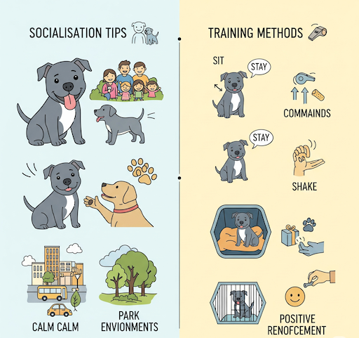 A two-part infographic showing a happy Blue Staffy puppy. The left side has icons for socialization with people and other dogs, and the right side has icons for training commands like 'sit' and 'stay'.