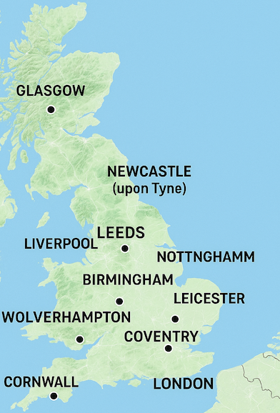 UK regional map showing cities like Cardiff, Newcastle, Essex, and Truro for local Blue Staffy availability.