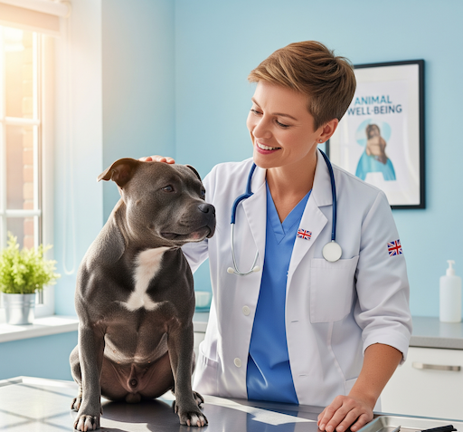 A happy and healthy blue Staffordshire Bull Terrier dog sitting on an examination table while a smiling UK veterinarian gently pets its head during a check-up.