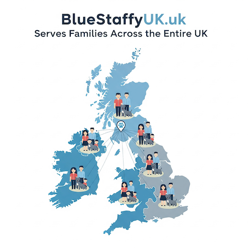 A clean infographic of a UK map with icons of families and puppies connected by lines, representing nationwide delivery.