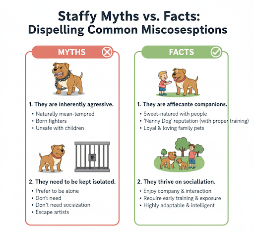 A friendly Staffy interacting gently with a child, used to debunk common Staffy myths about aggression.