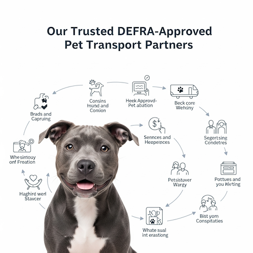 An infographic showing the step-by-step, circular process of safely transporting a Staffy puppy with DEFRA-approved partners.