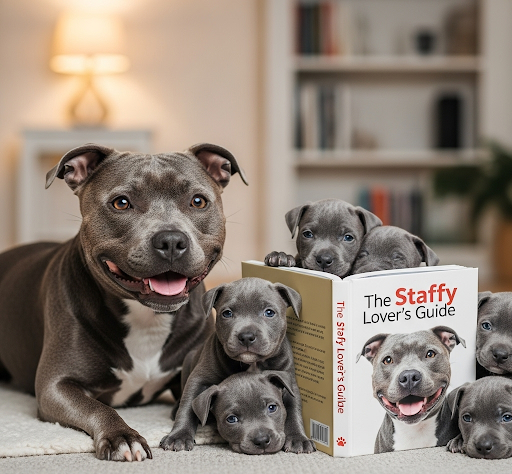 A blue Staffy puppy looking inquisitively at an open book, symbolizing the process of learning and following the right steps to buy a puppy. The dog's curious expression reflects a buyer's initial questions. | UK Blue Staffy Puppy Buying Guide