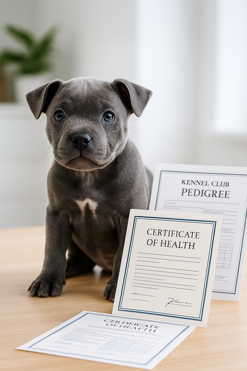 A cute blue Staffy puppy sitting next to its official Kennel Club registration papers, symbolizing KC registered Staffy puppies.
