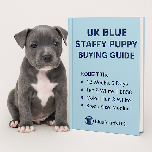 A thoughtful-looking blue Staffy dog or puppies next to a book, representing the balanced considerations of ownership. The image encourages readers to carefully think through all aspects before making a decision.