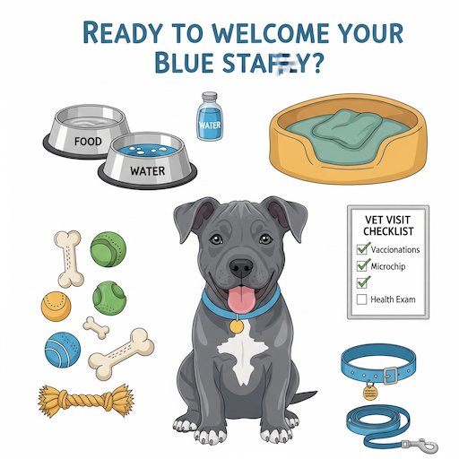 An infographic showing a Blue Staffy puppy surrounded by icons of essential supplies like food bowls, a bed, toys, a leash, and a vet checklist.