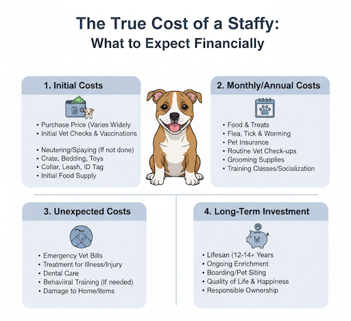 An infographic summarizing The True Cost of a Staffy, including food, vet bills, and insurance, for budgeting new owners.