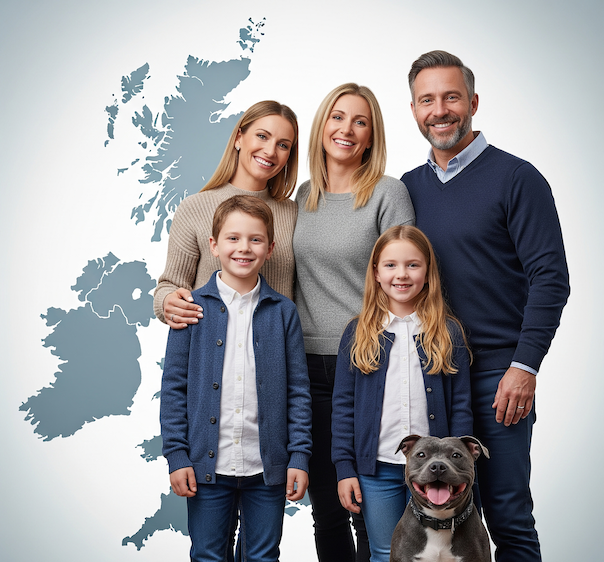 A joyful family with two children and a Blue Staffy dog standing in front of a stylized map of the United Kingdom.